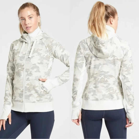Athleta Triumph Printed Hoodie Sweatshirt Jacket Longsleeve Grey Gypsum Camo S - Picture 1 of 16
